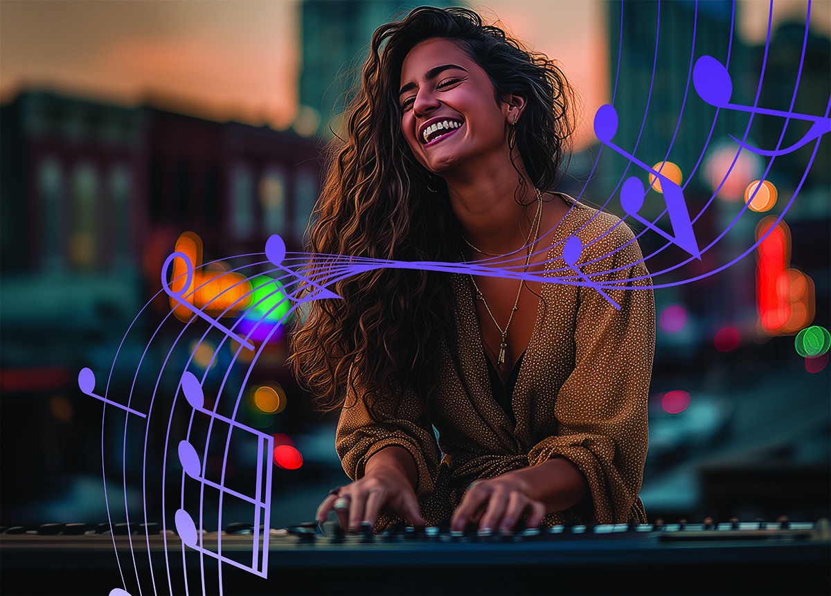 A woman joyfully plays a keyboard on a Nashville rooftop at sunset. Musical notes float around her, blending with the vibrant lights and sky.