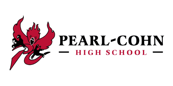 Red phoenix with open wings beside bold black text Pearl-Cohn High School. Energetic and dynamic, symbolizing strength and growth.