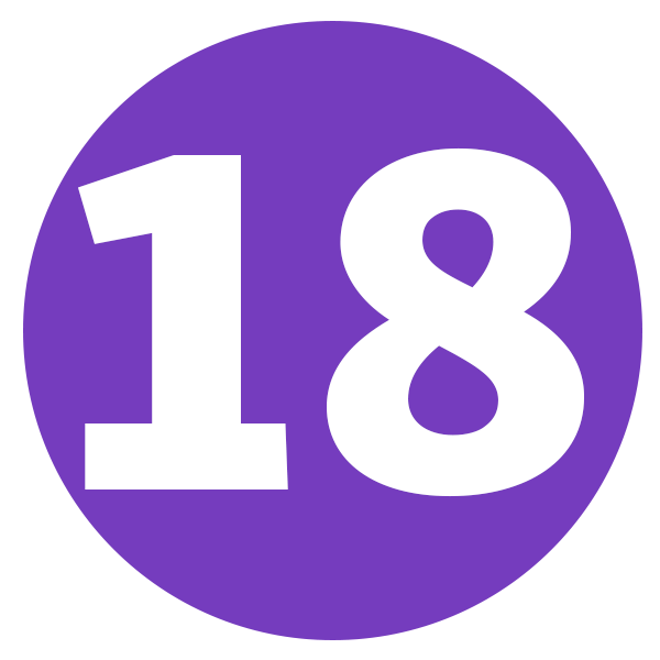 A large, bold number 18 is centered on a purple circle
